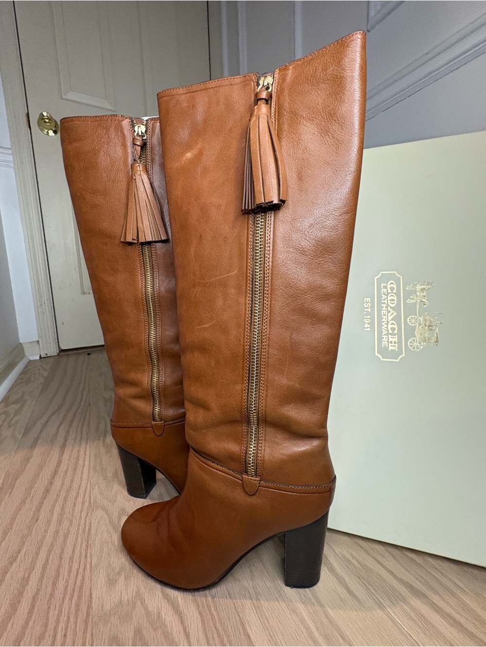 Coach Cognac Leather Knee-High Tassel Zip Boots - Picture 1 of 10